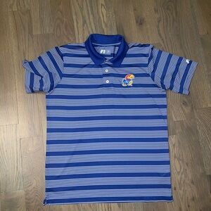 Men’s Kansas Jayhawks KU Blue and white striped polo shirt size Large